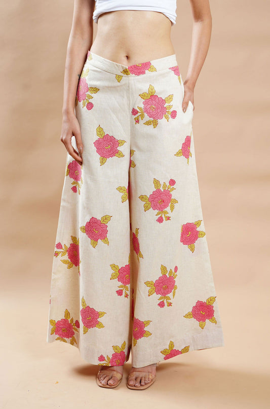 Summer Bloom Cotton-Linen Palazzo - Cyan India