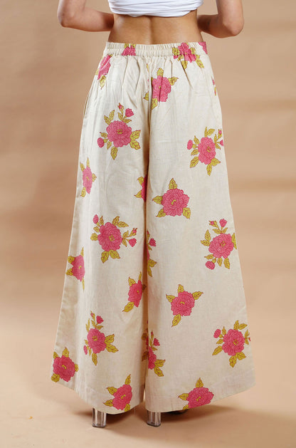 Summer Bloom Cotton-Linen Palazzo - Cyan India
