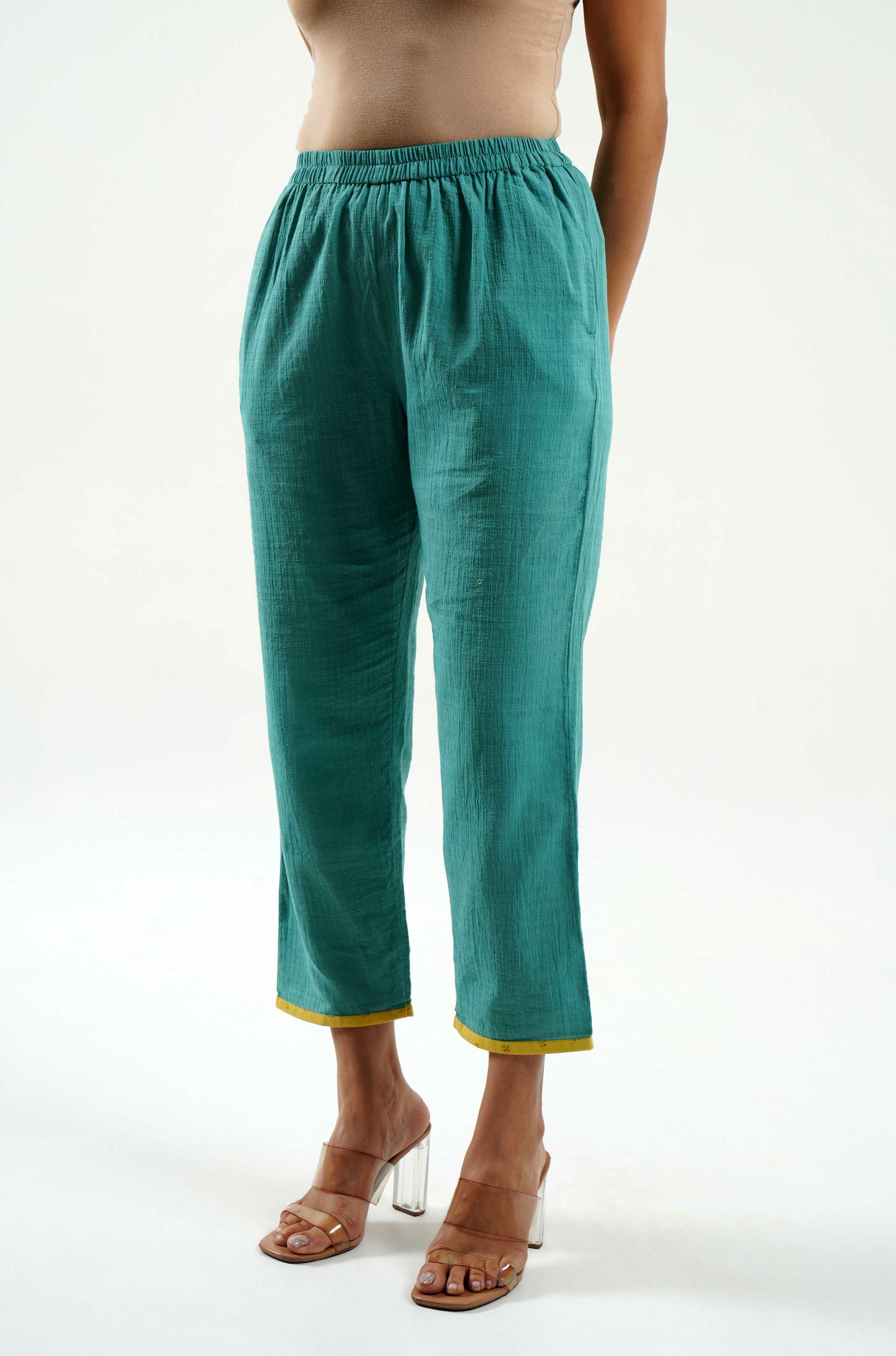 Teal Blue Cotton Pants - Cyan India