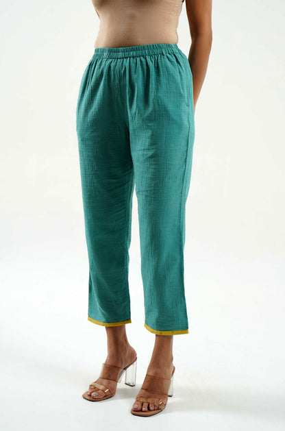 Teal Blue Cotton Pants - Cyan India