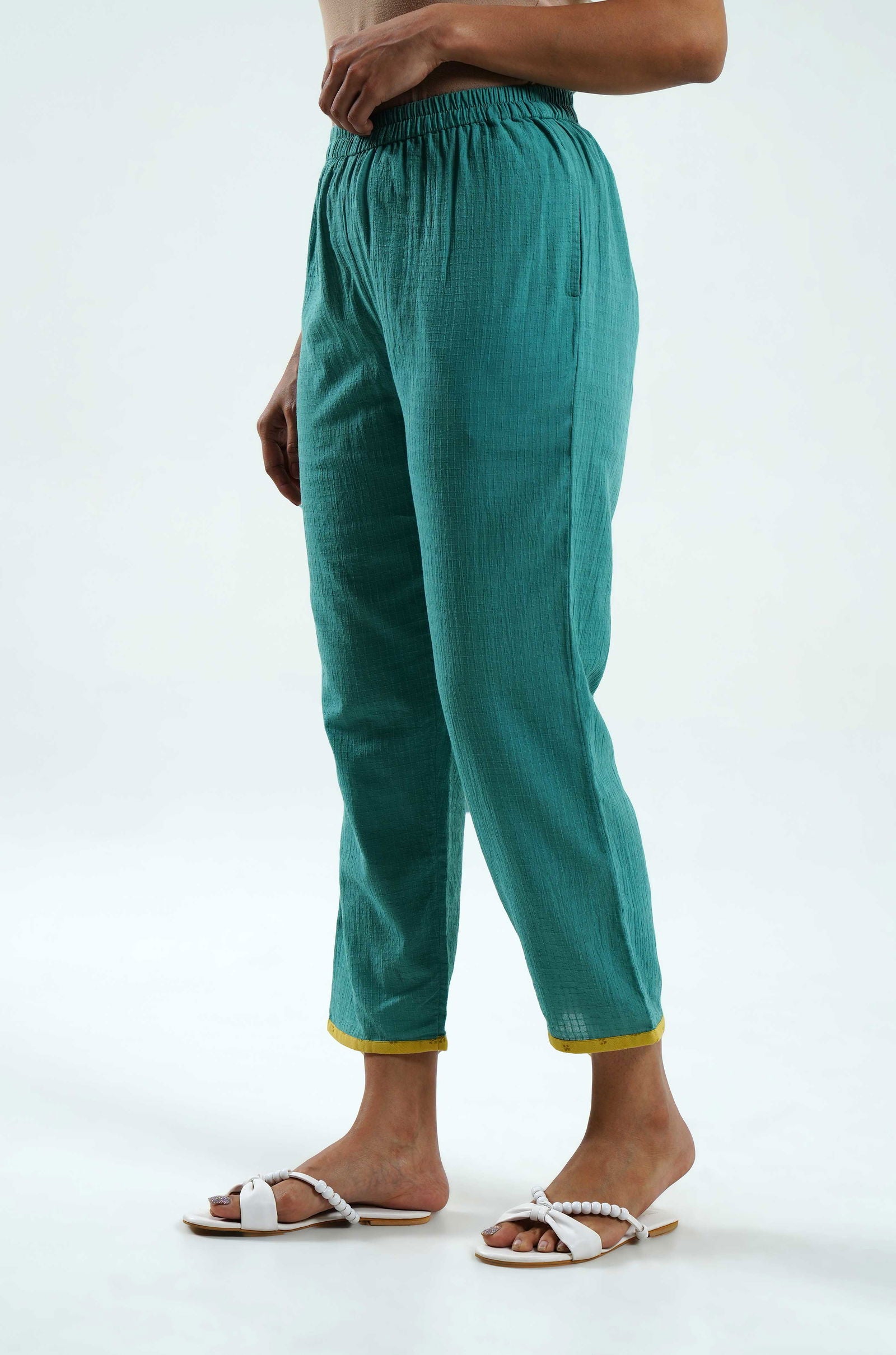 Teal Blue Cotton Pants - Cyan India
