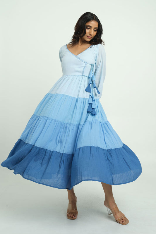 Tiered Blue Dress with Embroidery - Cyan India
