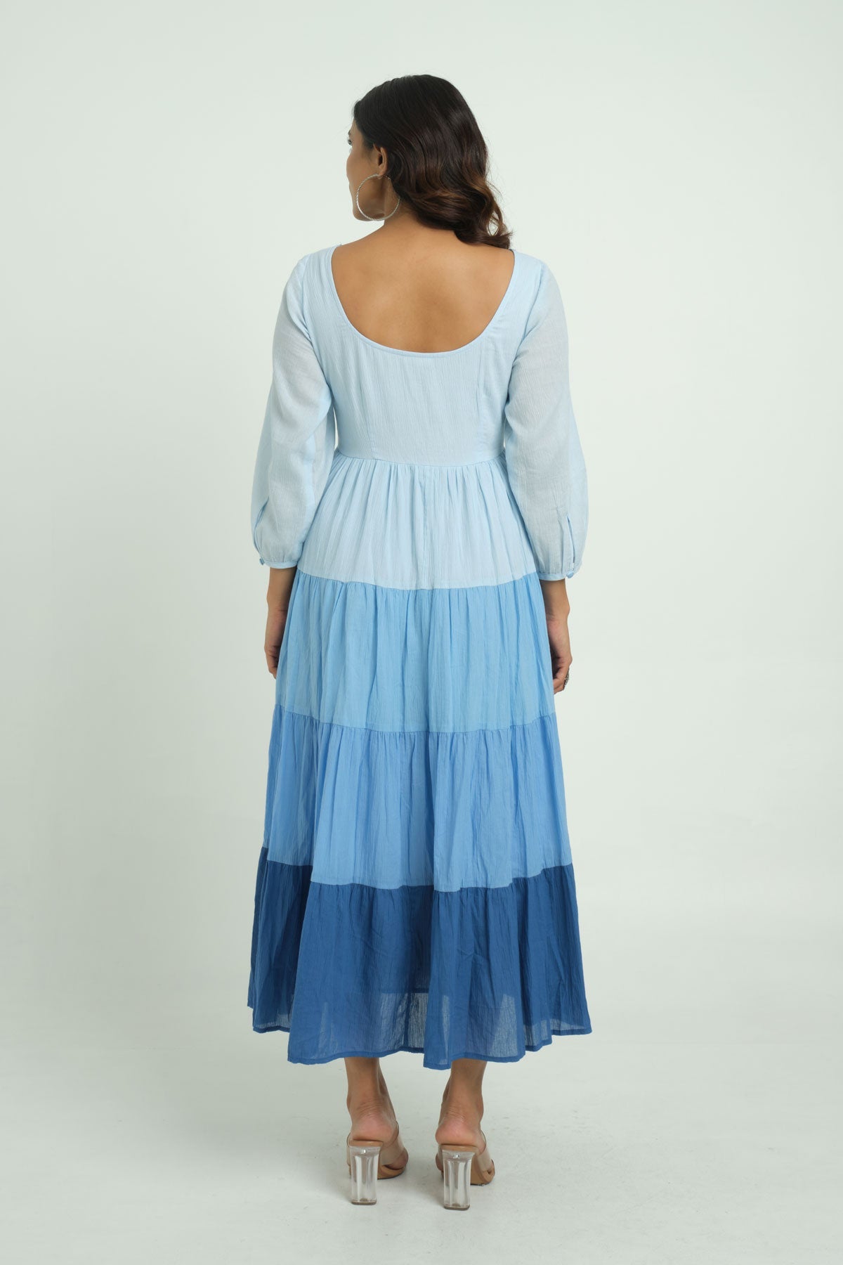 Tiered Blue Dress with Embroidery - Cyan India