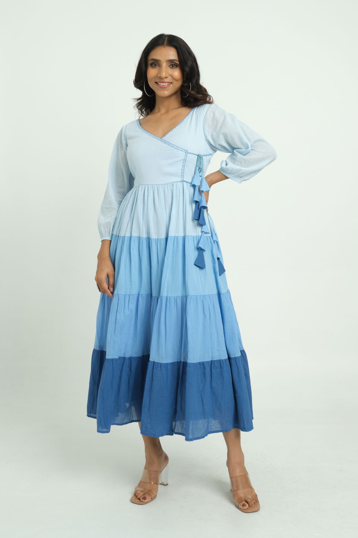Tiered Blue Dress with Embroidery - Cyan India