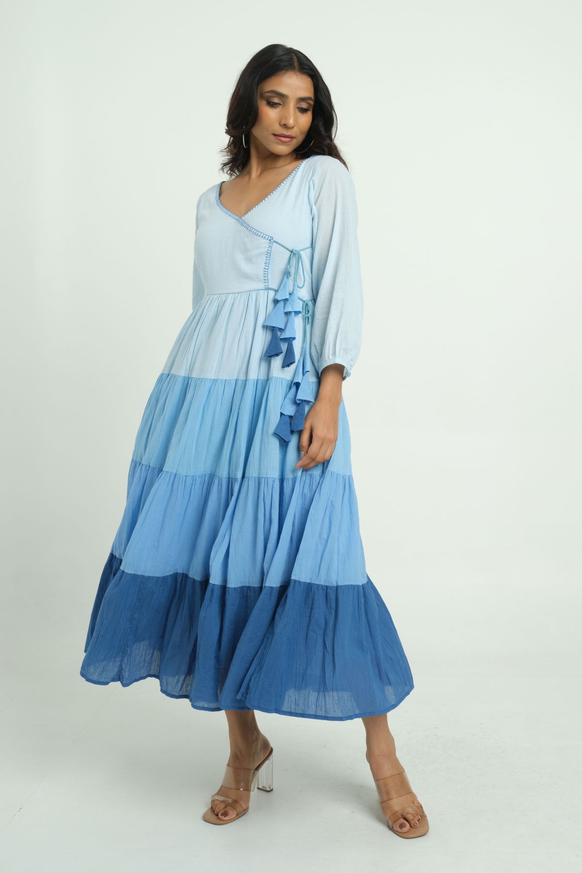 Tiered Blue Dress with Embroidery - Cyan India