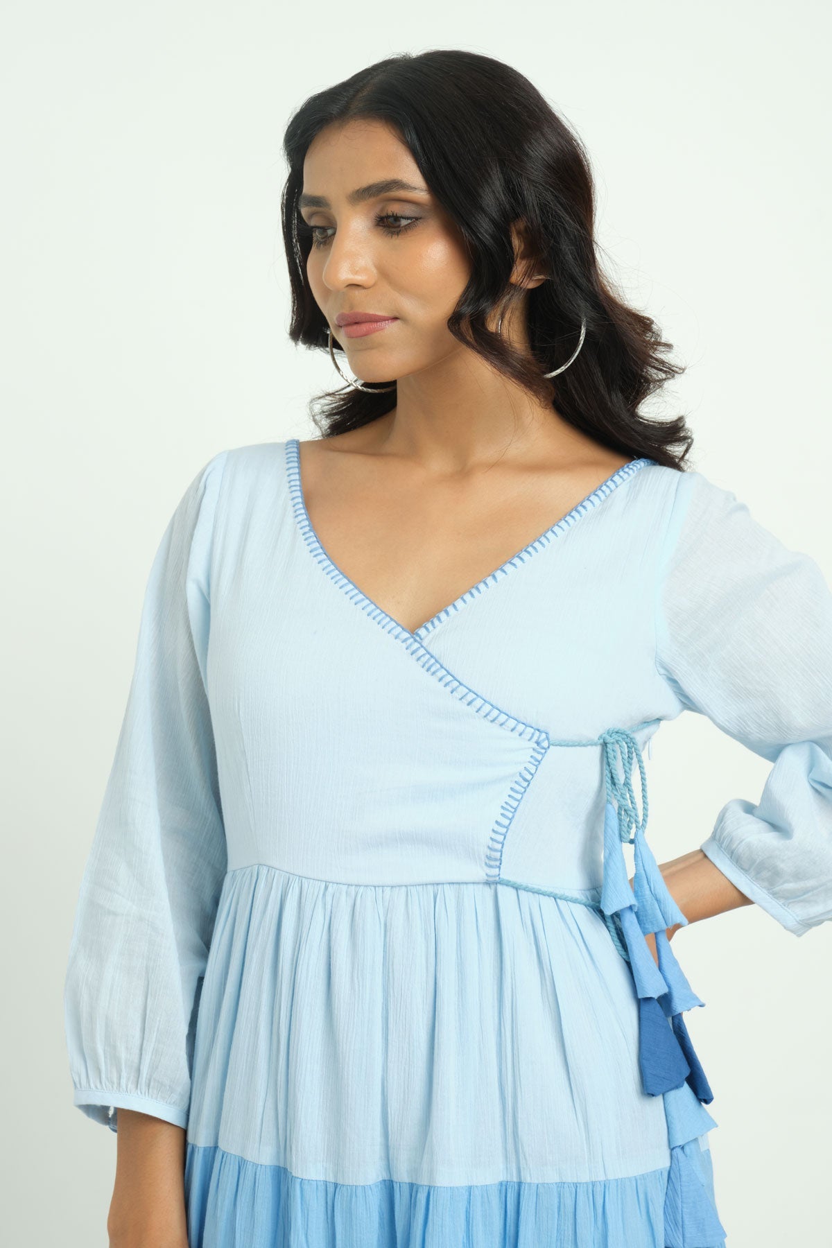 Tiered Blue Dress with Embroidery - Cyan India