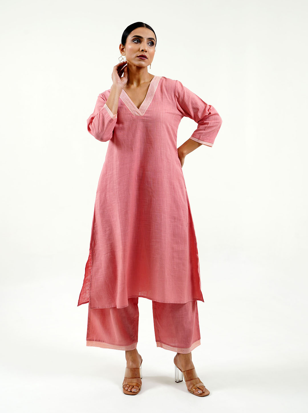 Old rose cotton kurta with lace work