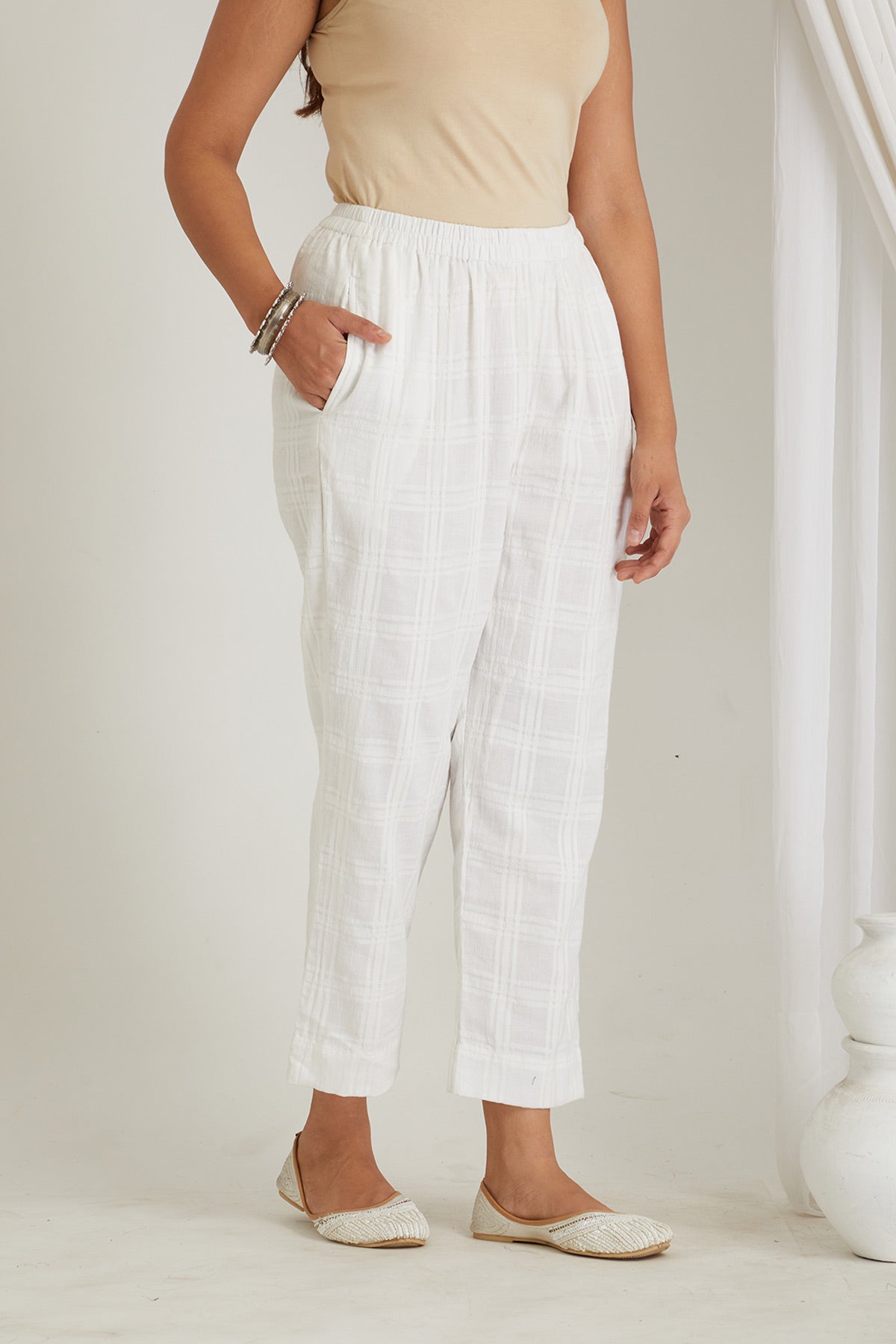 White Checkered Cord-Set with Slip - Cyan India