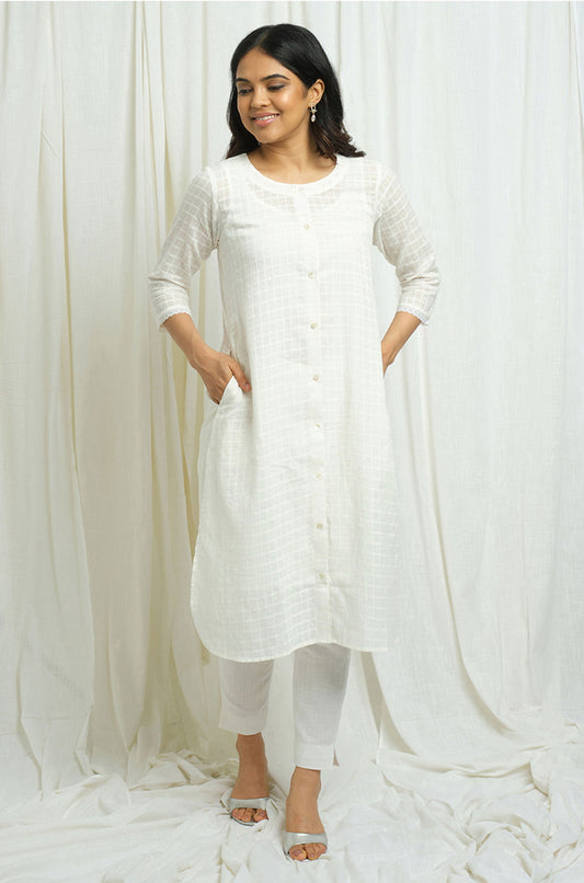 White Checkered Kurta with Slip - Cyan India