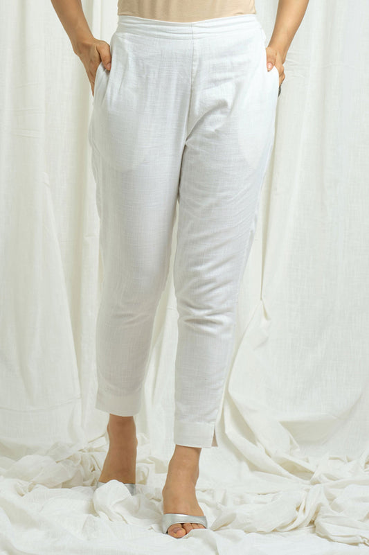 White Cotton Slub Pants - Cyan India