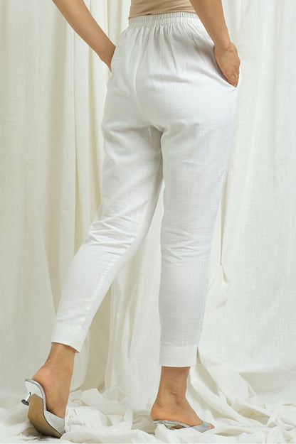 White Cotton Slub Pants - Cyan India