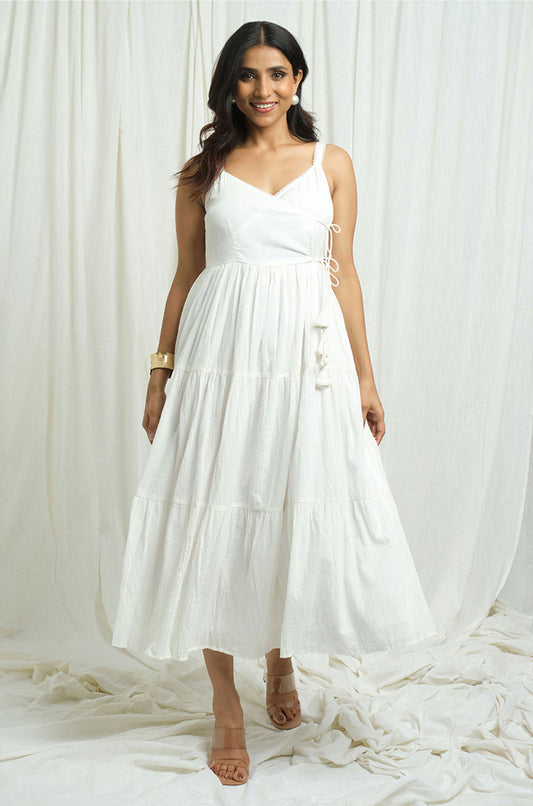 White Tiered Crepe Dress - Cyan India