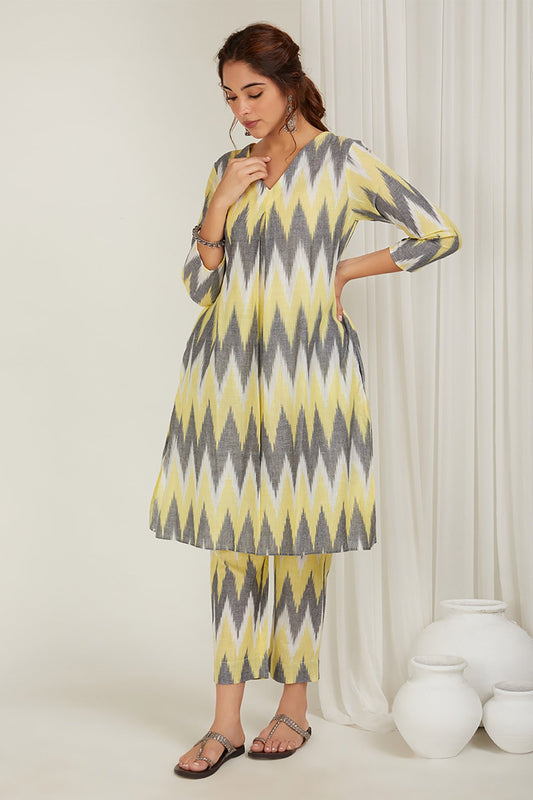 Yellow Grey Ikat Kurta - Cyan India