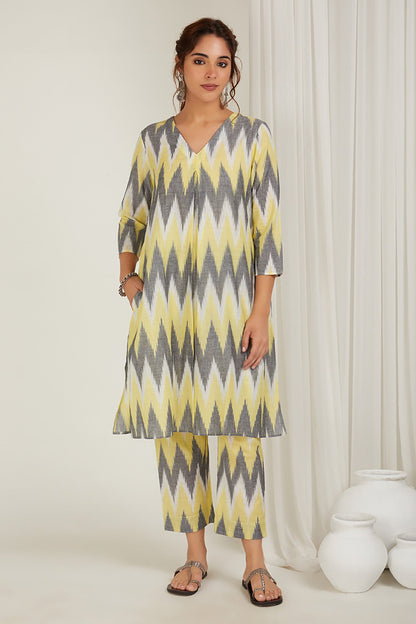 Yellow Grey Ikat Kurta - Cyan India