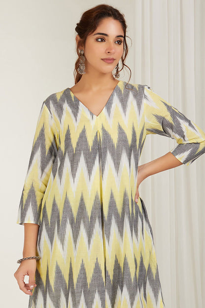 Yellow Grey Ikat Kurta - Cyan India