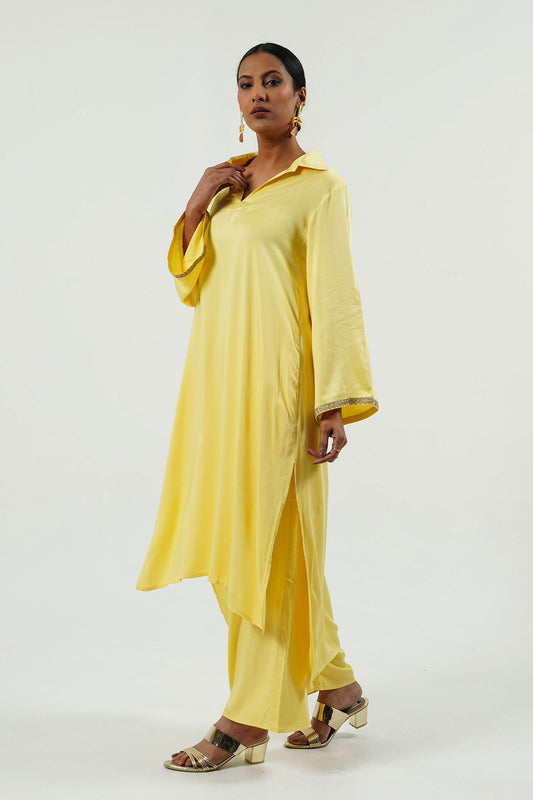 Yellow Modal Satin Collar Kurta Set - Cyan India