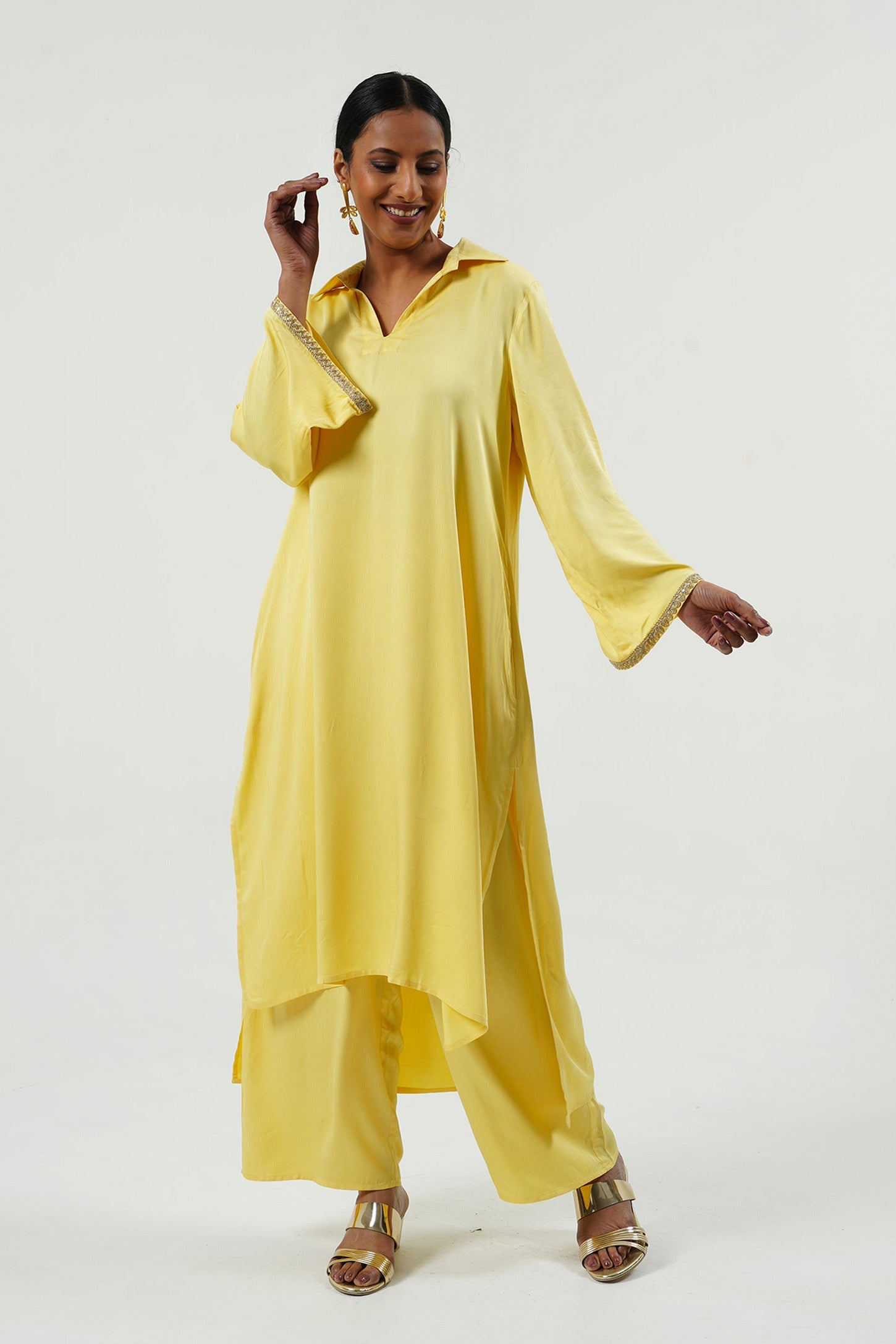 Yellow Modal Satin Collar Kurta Set - Cyan India
