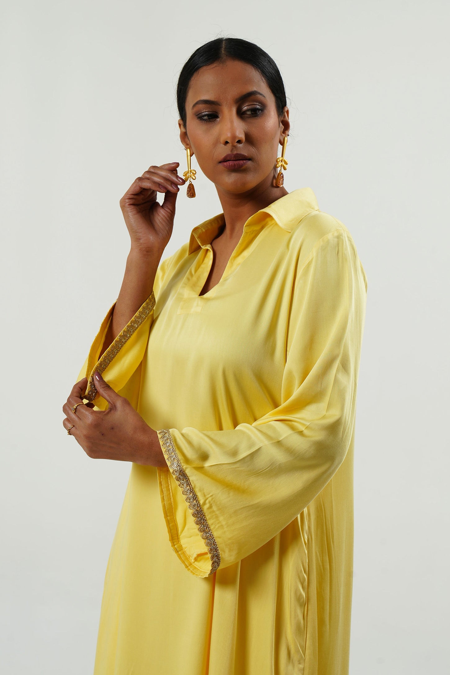 Yellow Modal Satin Collar Kurta Set - Cyan India